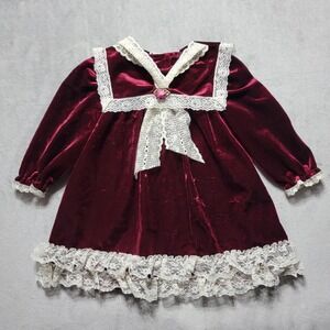 Little Precious Vintage Burgundy Velvet Lace Dress Girls 24M Holiday Christmas